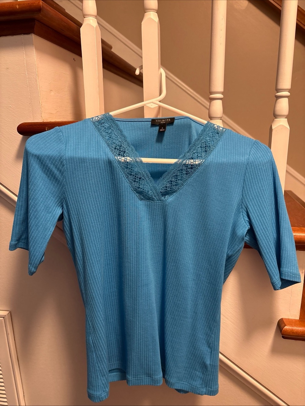 Talbots Teal Lace-Trim Ribbed V-Neck Top